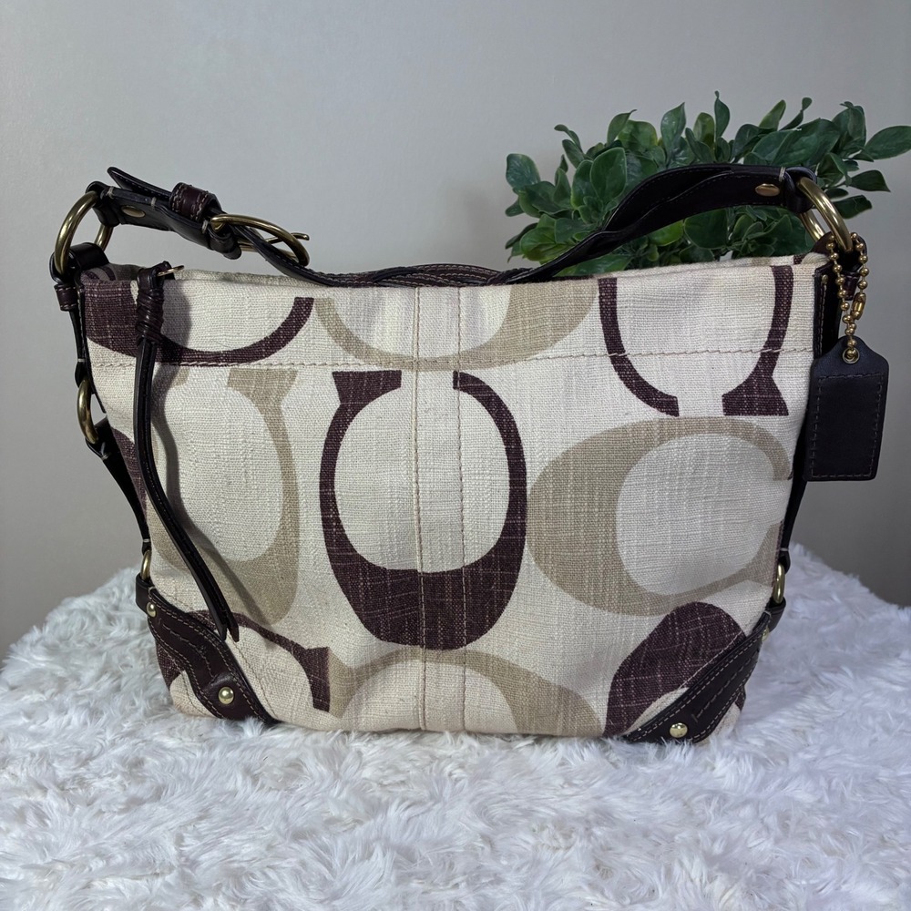 Rare Vintage Coach Signature Linen Carly Cream & Chocolate Brown Purse Bag